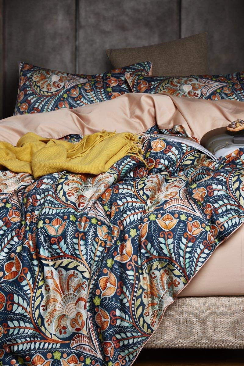 Eikei Home Damask Medallion Luxury Duvet Quilt Cover Boho Paisley Print Bedding Set 400 Thread Count Egyptian Cotton Sateen Vibrant Bohemian Pattern (Blue Orange, King) - Image 4